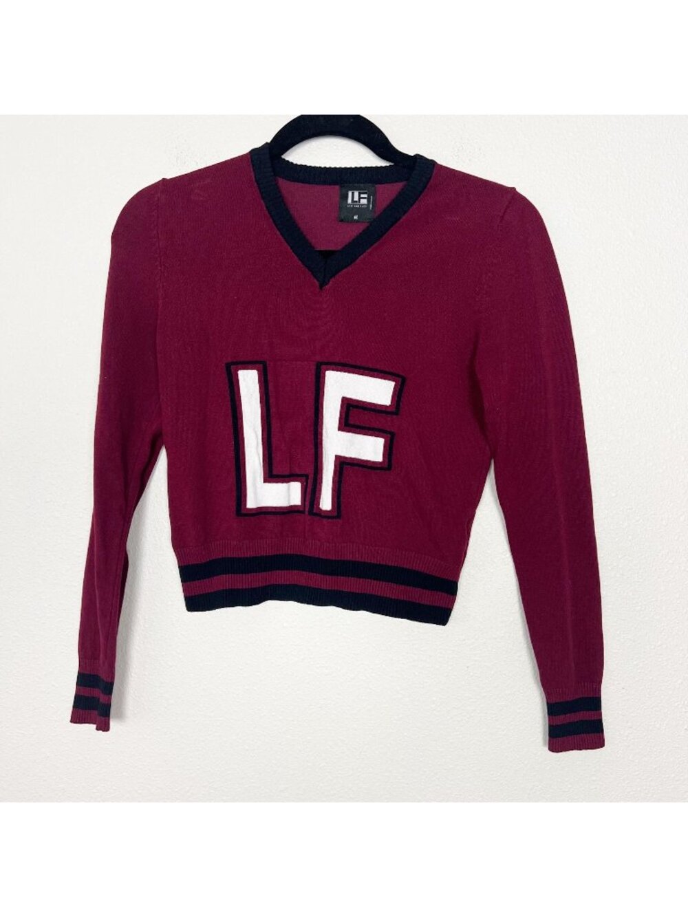 FIND LF Womens Medium Maroon V-Neck Cropped Varsity Sweater